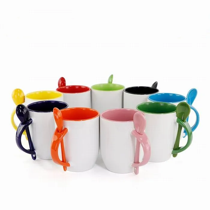 11oz Outside Blank Sublimation Ceramic Mug with Spoon 330ml Thermal Sublimation Mug with Spoon Heat Transfer Printing Mug
