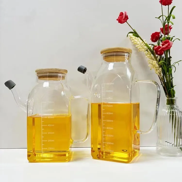 Боросиликатный стеклянный масляный кувшин организатор бутылка для растительного масла герметичный дозатор с бамбуковой крышкой