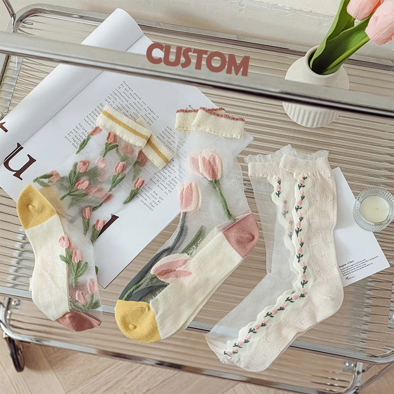 Цветочные шелковые женские красочные ультратонкие прозрачные жаккардовые носки для женщин