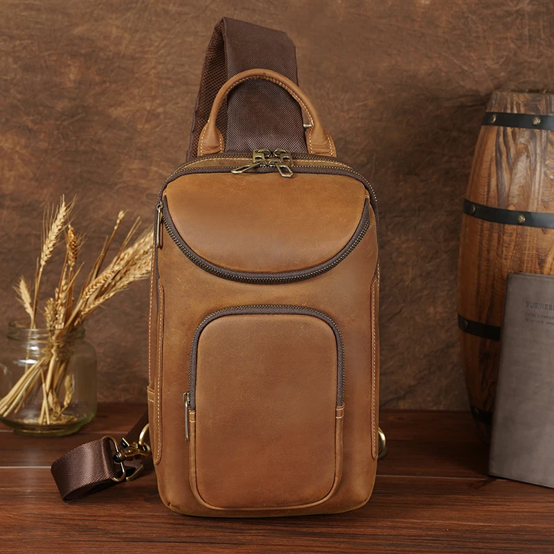 Ho Selling Vintage Design High Quality Full Grain Crazy Horse Cow Leather Cross body Chest Bag Real Leather Chest Bag For Man