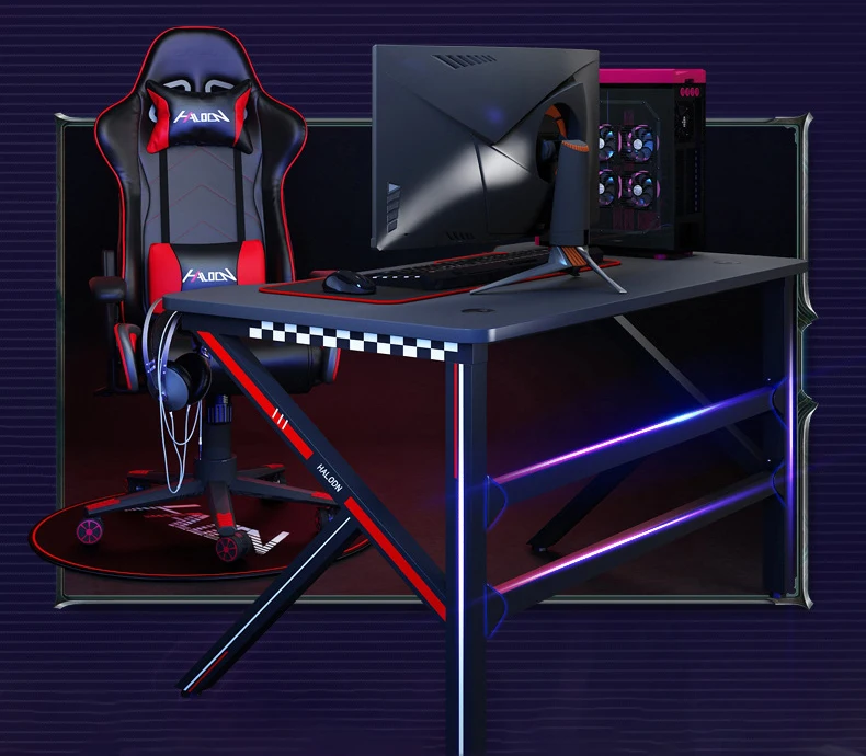 Free Sample Hot sale Home Black Office Computer Desk K Shaped Legs Gamer Table Led Light Desk Set Rgb Gaming Table