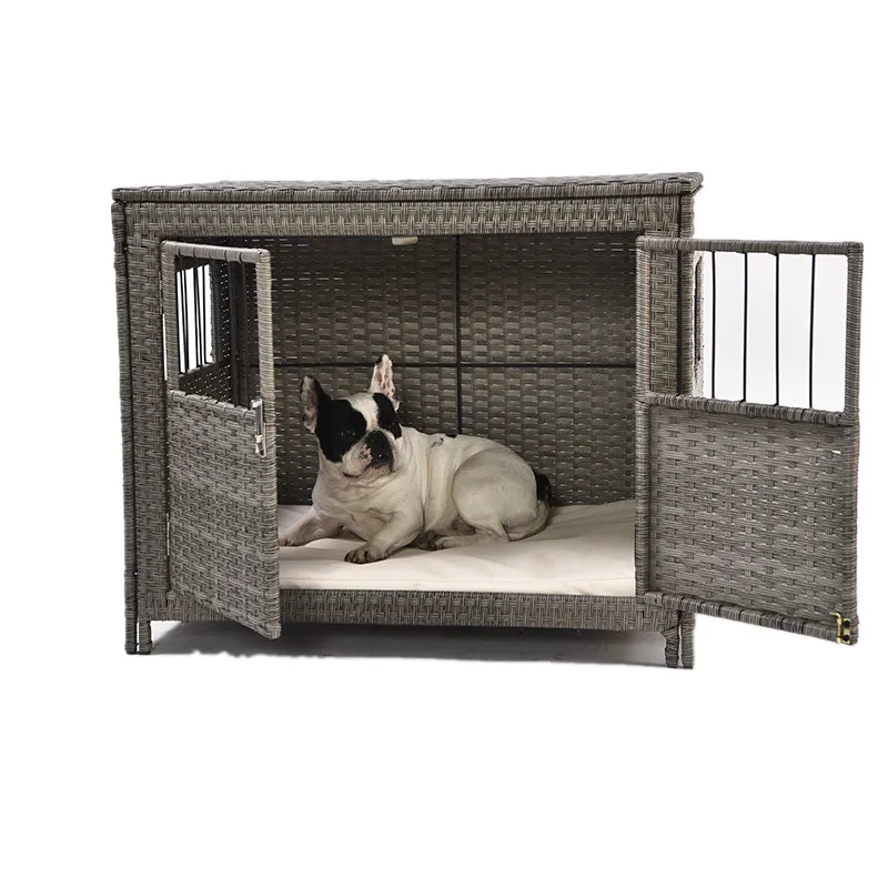 Wholesale Double Door Artificial Rattan Wicker Pet Dog Crate Animal Pet Furniture Cage Dog Bed Kennel House