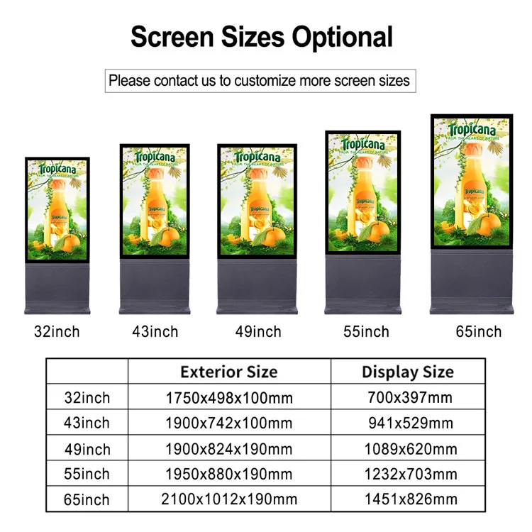 32/43/49/55/65 Inch Advertising Totem 10cm Ultra Thin Bezel Commercial Outdoor LCD Screen Display Waterproof