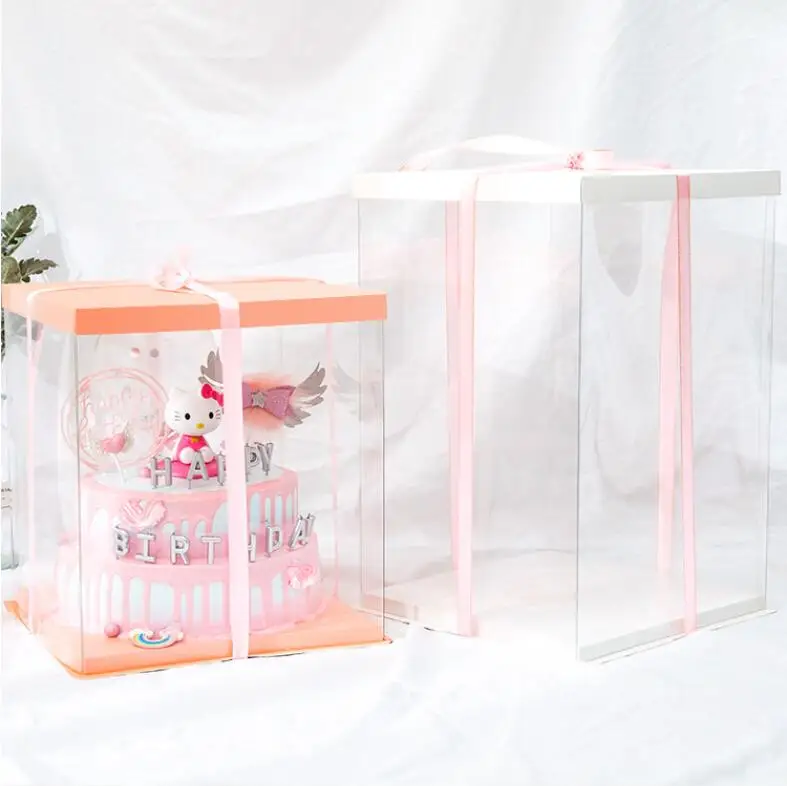 Pink Lid and Base Transparent Box Wholesale Square Cake Box For Wedding Birthday Cake Flower Packaging lada for kakor