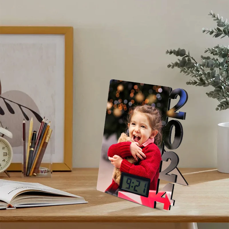 Sublimation Blanks 2024  New Year Gift MDF Frame With Clock Party Decor Photo Frame Customized 2024 Year Frame