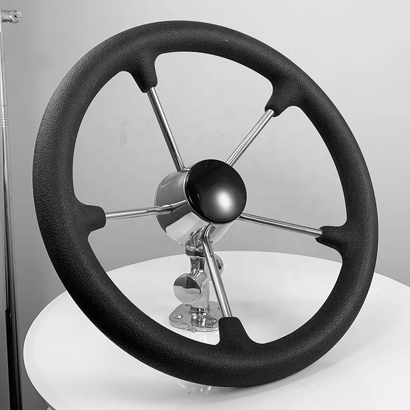 Marine Hardware 15 Inch Boat Steering Wheel Stainless Steel Silver Knob 5 Spokes Sport Steering Wheels High Mirror Polish 