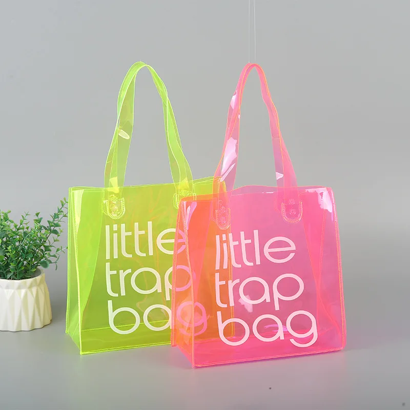 Custom Logo Plastic Clear Transparent Jelly Pink Neon Yellow Candy Color PVC Gift Shopping Tote Bag