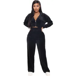 New Fashion Pullover Hoodie Wide Leg Pants Long Sleeve Outfits Flare Pants Winter velvet tracksuits for women 2 piece set