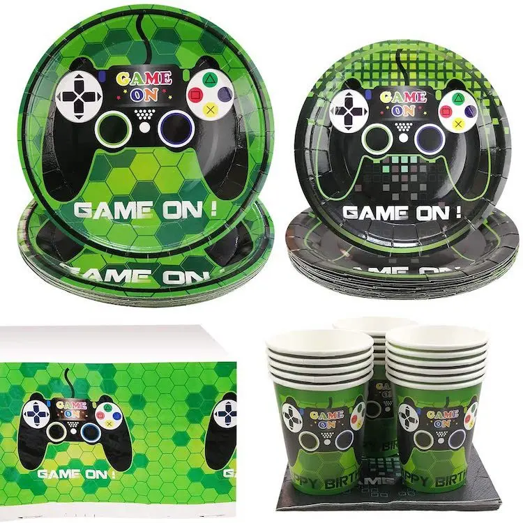 Hot sale decoration green video game party birthday party supplies disposable paper tableware set