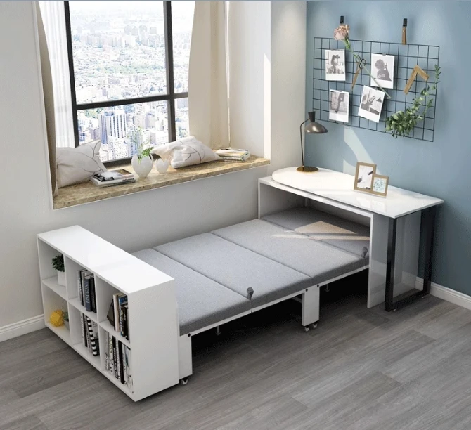Rotating desk bookcase folding bed cabinet all-in-one multi-functional invisible home adult single double bed simple solid wood