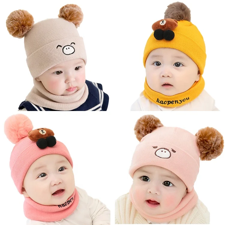 Милая вязаная детская шапка бини с двумя пушистыми шариками зимняя теплая шапка и шарф Детские шапки бини