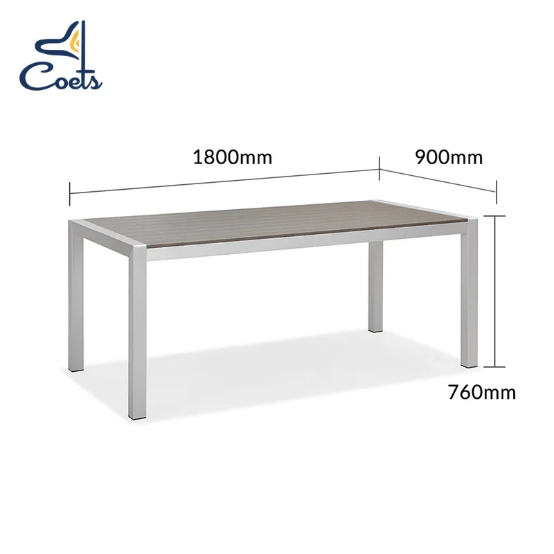 Coets Weather-Resistant all weather Aluminum Champagne Silver rectangular Outdoor Restaurant Table with plastic wood table top
