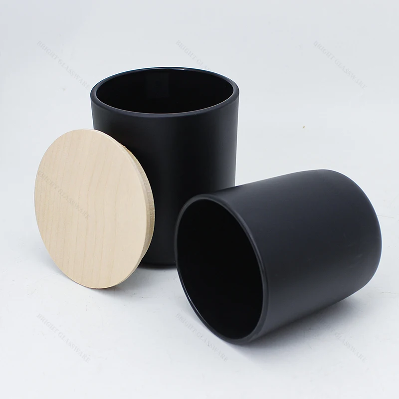 Popular FREE SAMPLE Empty GLASS CANDLE Container 6OZ 8OZ 10OZ ROUND WHITE Frosted Black Glass Candle Jars With Wooden Lids