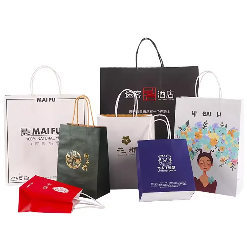 Restaurant Takeaway Custom Shopping Flat Twisted Handles Brown White Pink Black Custom Kraft Paper Bags with Your Own Logo