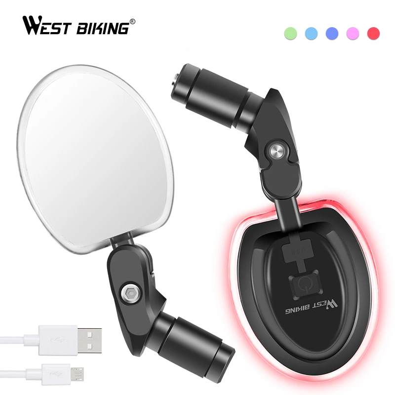 WEST BIKING 360 Rotation Adjustable Rear View Mirror New Bike Rearview Mirror With LED Light USB Rechargeable Handlebar Mirror