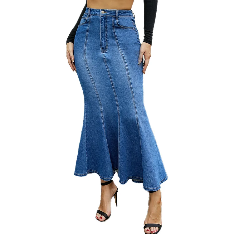 Women spring and autumn new high waist slim hem wild bag Ruffle hip long cow tail fishtail denim skirt