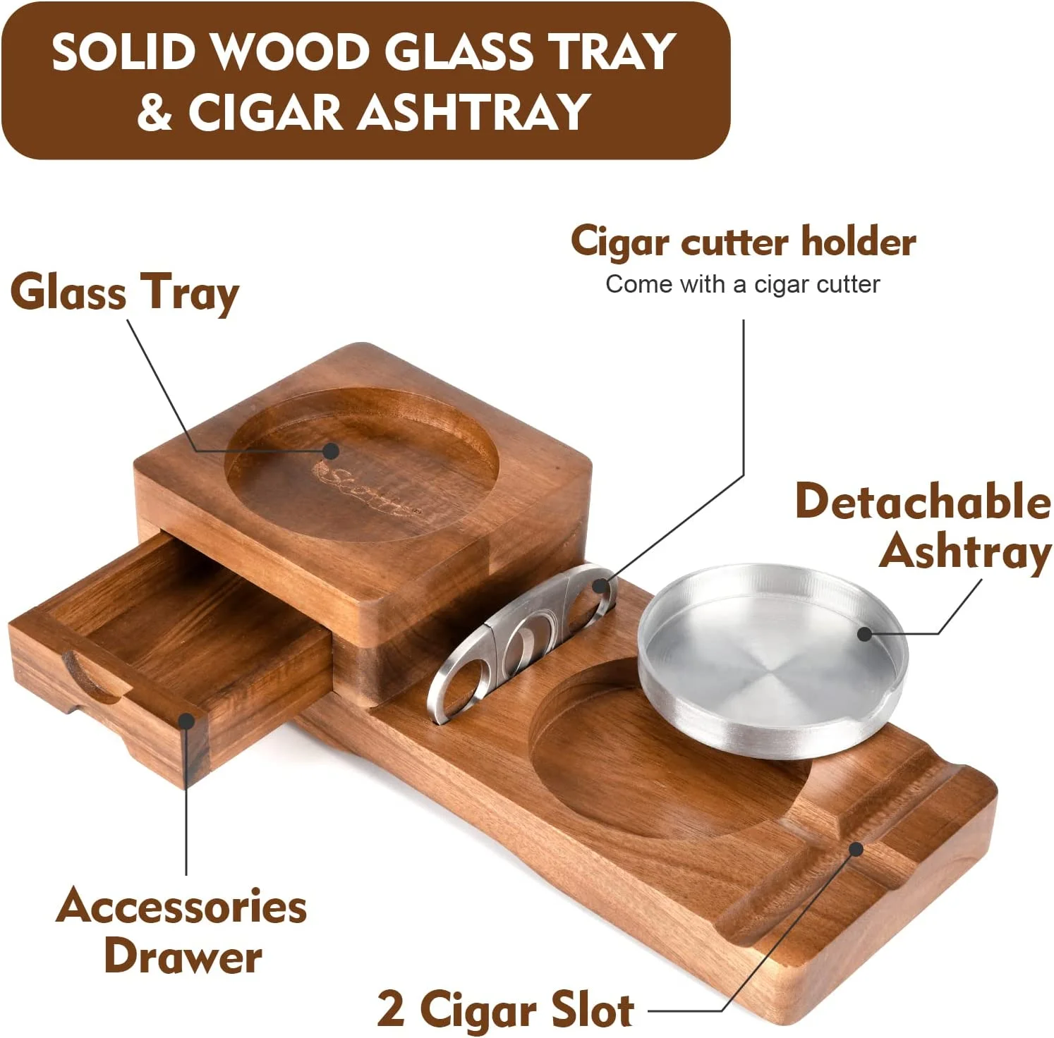 JUNJI Cigar Ashtray Coaster Whiskey Glass Tray Wooden Ash Tray with Cigar Cutter Include Drawer and Cigar Slot Home Office