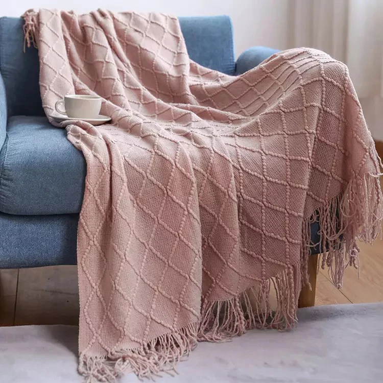 Home decoration acrylic blanket eco-Friendly cozy soft chunky cable knit tassel jacquard knitted blanket