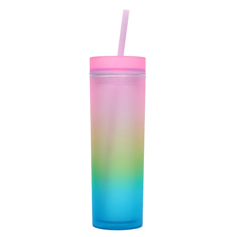 Trending Products 16oz Gradient colors Double Wall Plastic Tumbler with Lid and Straw