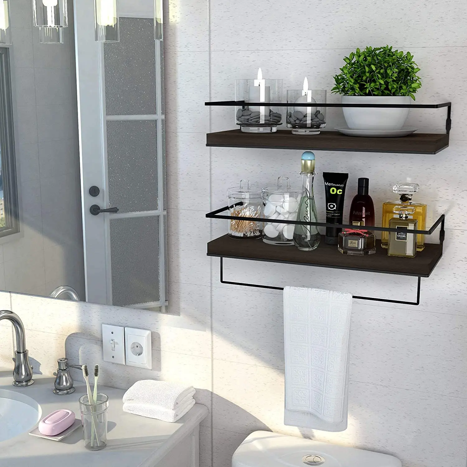 Wall Mounted Storage Shelves with Metal Frame and Towel Rack Floating Shelves for Wall