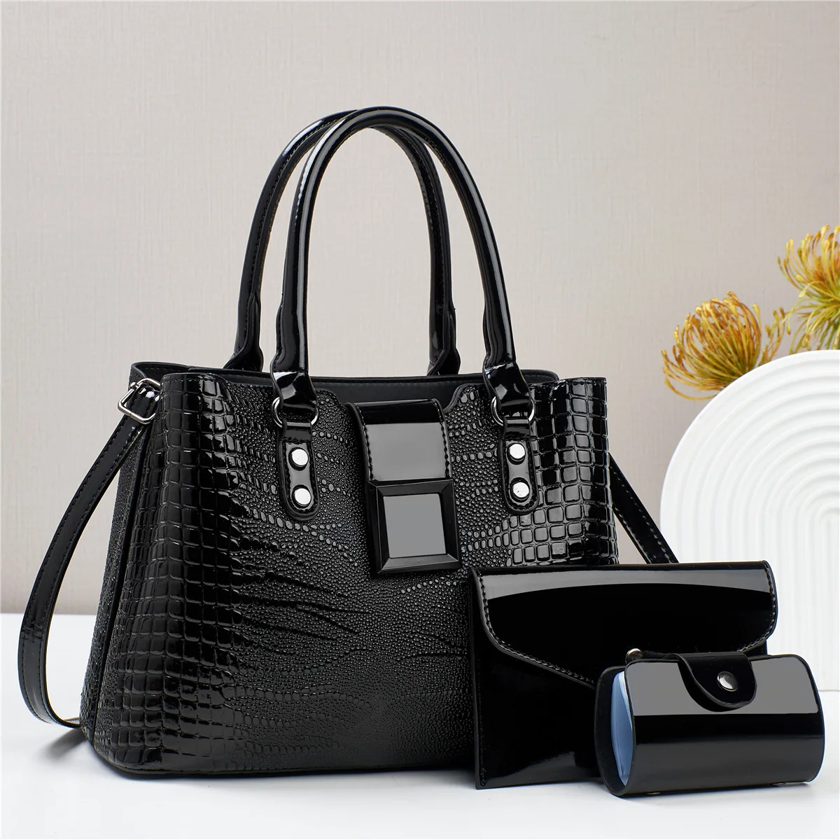New High Quality Crocodile pattern PU Leather Handbags for Women Ladies Shoulder Bag   Luxury Large Fashion Solid color Tote Bag