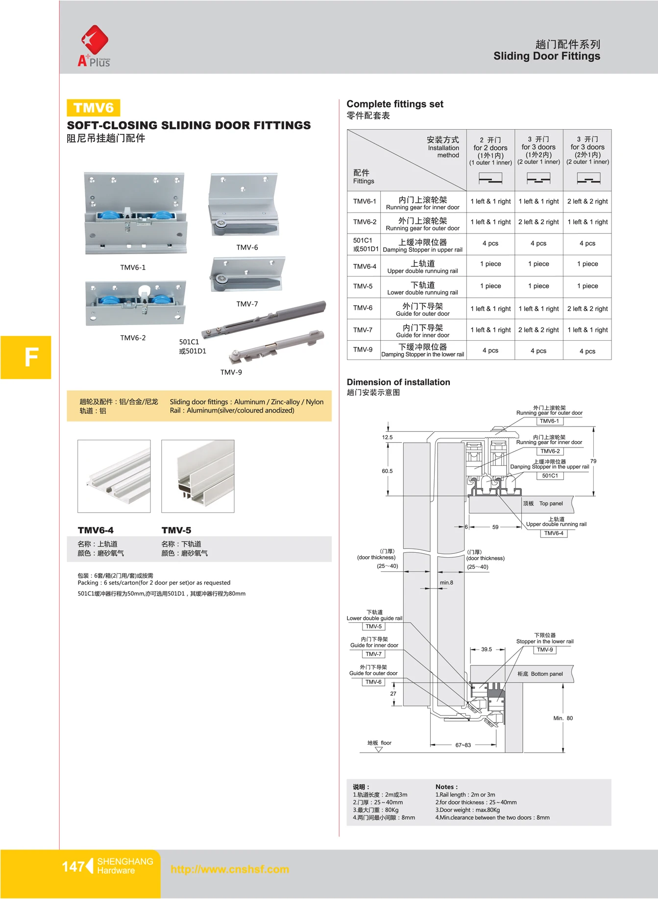 TMV6 invisible soft closing 80kgs heavy duty sliding door roller