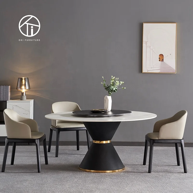 popular round white sintered stone ceramic top Strong metal stand with black powder coated brass 6 seater dining table for home