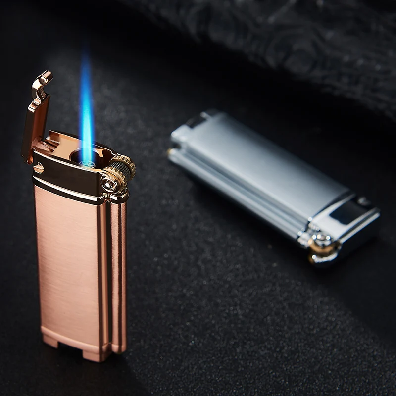 F097 focus fashion grinding wheel windproof gas refillable multi-color metal lighter grinder with blue flame