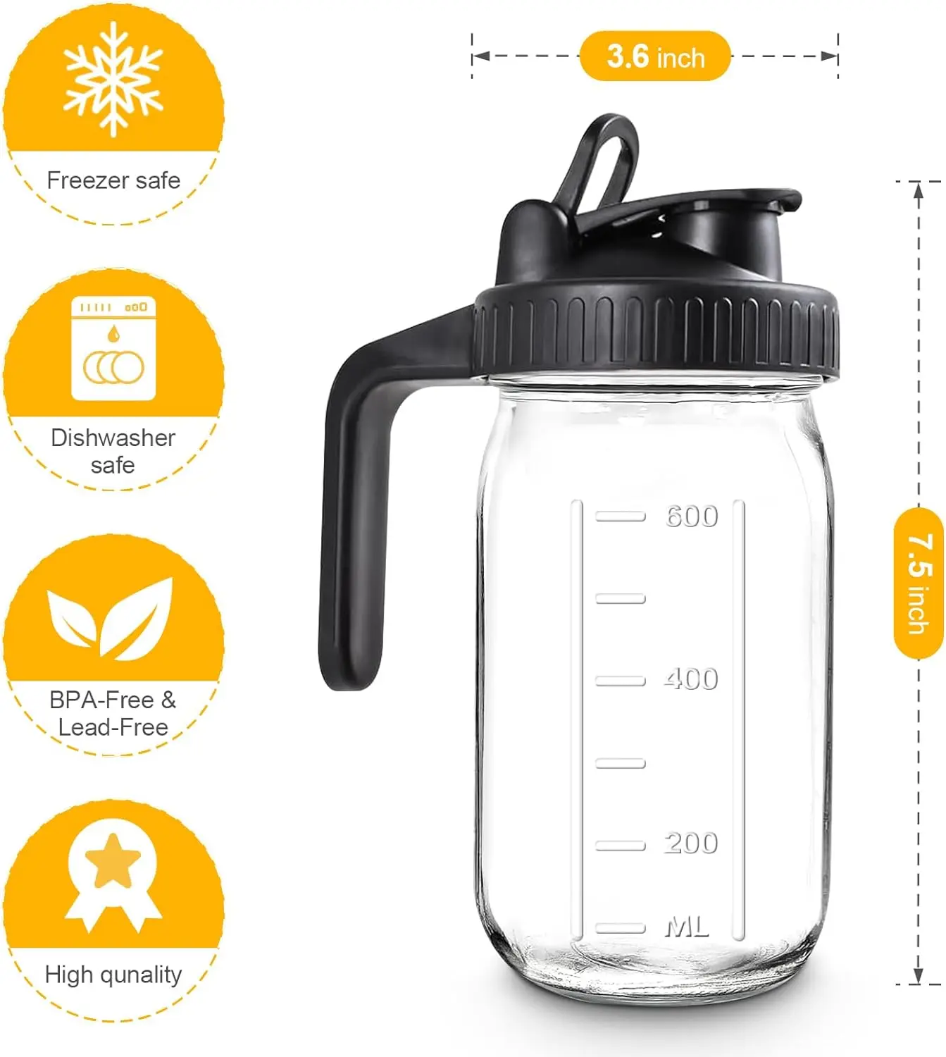 32 oz 64 oz Glass Double Handle Water Jug Wide Mouth Breast Milk Pitcher Fridge Container Mason Jar with Airtight Pour Spout Lid