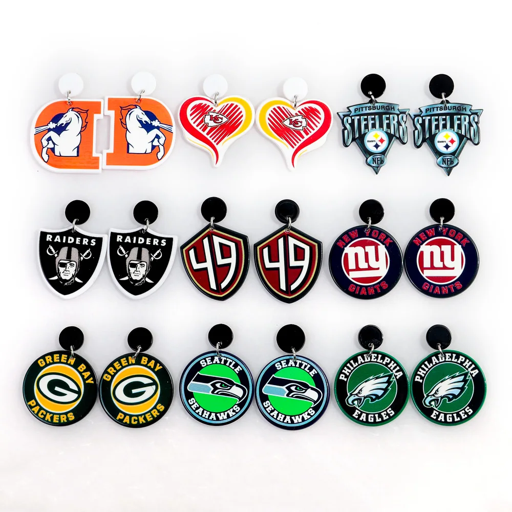 Wholesale Popular EU Rugby Shield Badge Team Fans Geometric Round Star Heart Eagle Hiphop Personality Acrylic Drop Earrings