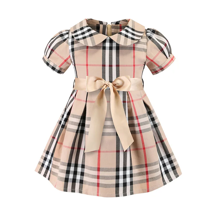 High Quality Summer Little Girls Plaid Puffy Dress Short Sleeve Big Bow Flare Ball Gown Toddler Princess Dress