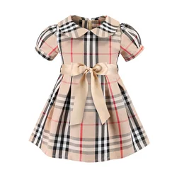 High Quality Summer Little Girls Plaid Puffy Dress Short Sleeve Big Bow Flare Ball Gown Toddler Princess Dress