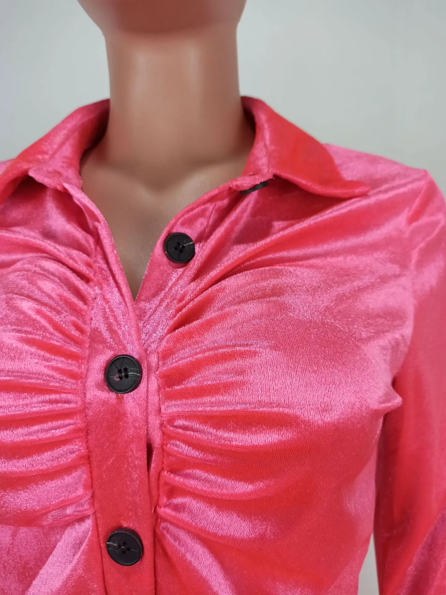 2023 Fashionable Velvet Autumn 2 Piece Button Up Pleated Shirt Long Flare Pants Women Velour Two Piece Set