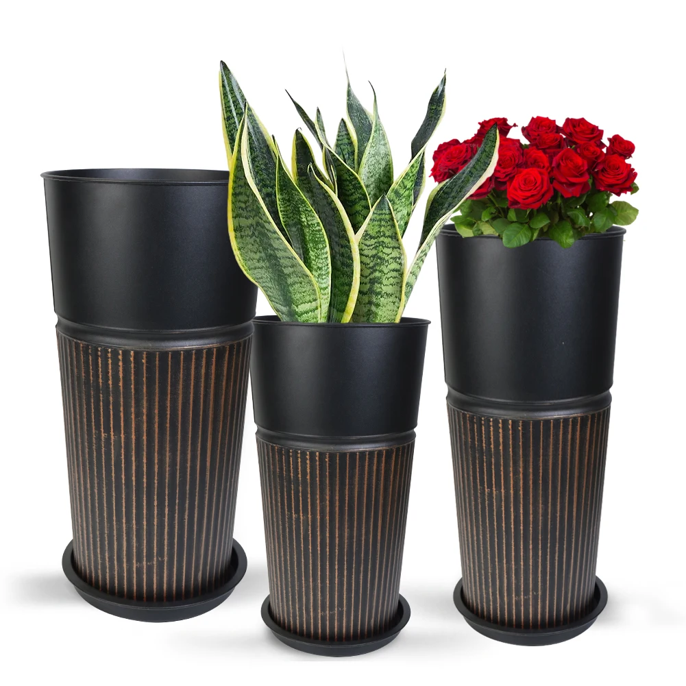 Tall Outdoor Tapered Planter Flower Pots Metal vases  Garden Pots Antique Style for Outdoor Indoor Patio Deck Entryway