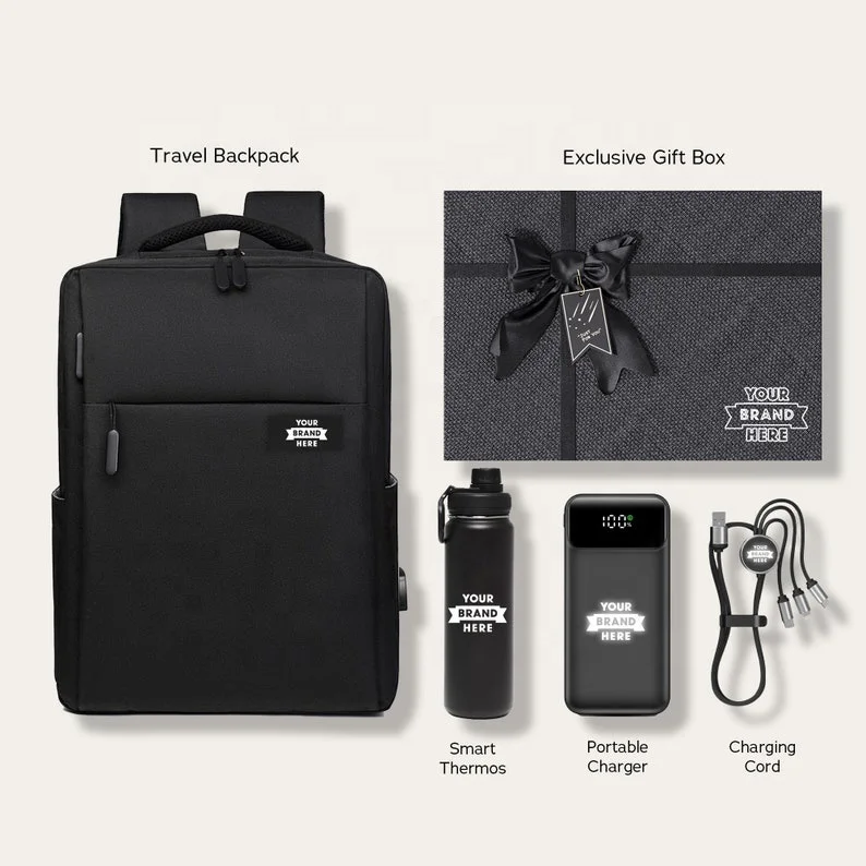 Custom Personalized Business Water Bottle Power Bank And Travel Backpack Portable Charger Cable Corporate Gift Box Set