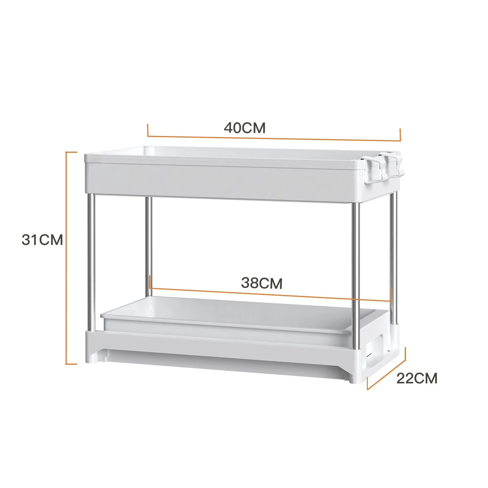 2 Tier Shelf with Hooks Handle wheels Basket Bottom Slide Out drawer cabinet holder Under Sink Kitchen organizer storage rack