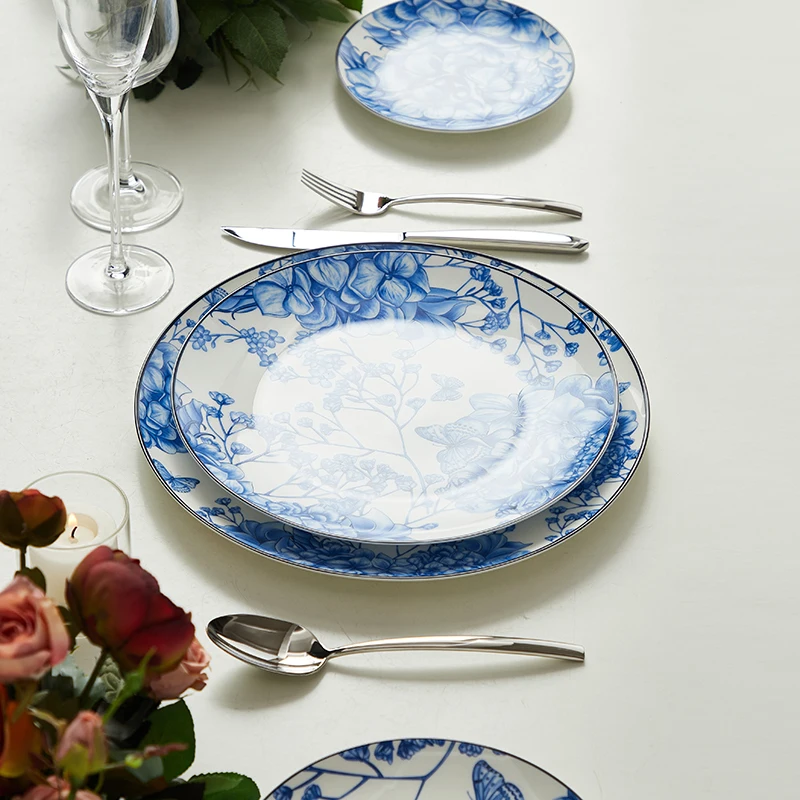 Синий дизайн, керамические обеденные тарелки, домашняя посуда, фарфоровые наборы тарелок