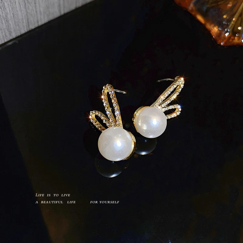 Adorable Rabbit Design Stud Earrings With Faux Pearl Elegant Jewelry Accessories
