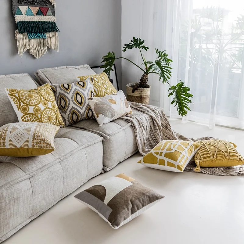 Monad Good Quality Decorative Square Chinese Embroidered Yellow Solid Cotton Pillow Sets Cushion Cover For Sofa