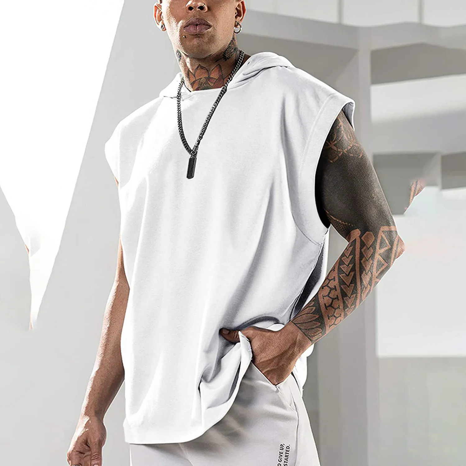 Wholesale Sleeveless Leisure Oversize Hoodie Solid Color Quick Dry Sweatshirts Men Pull Over Off Shoulder Gym Fitness Men Tops