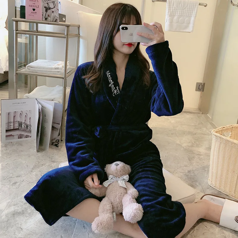 
Good price winter women flannel plus velvet thickening simple pure color bathing home service bathrobes 