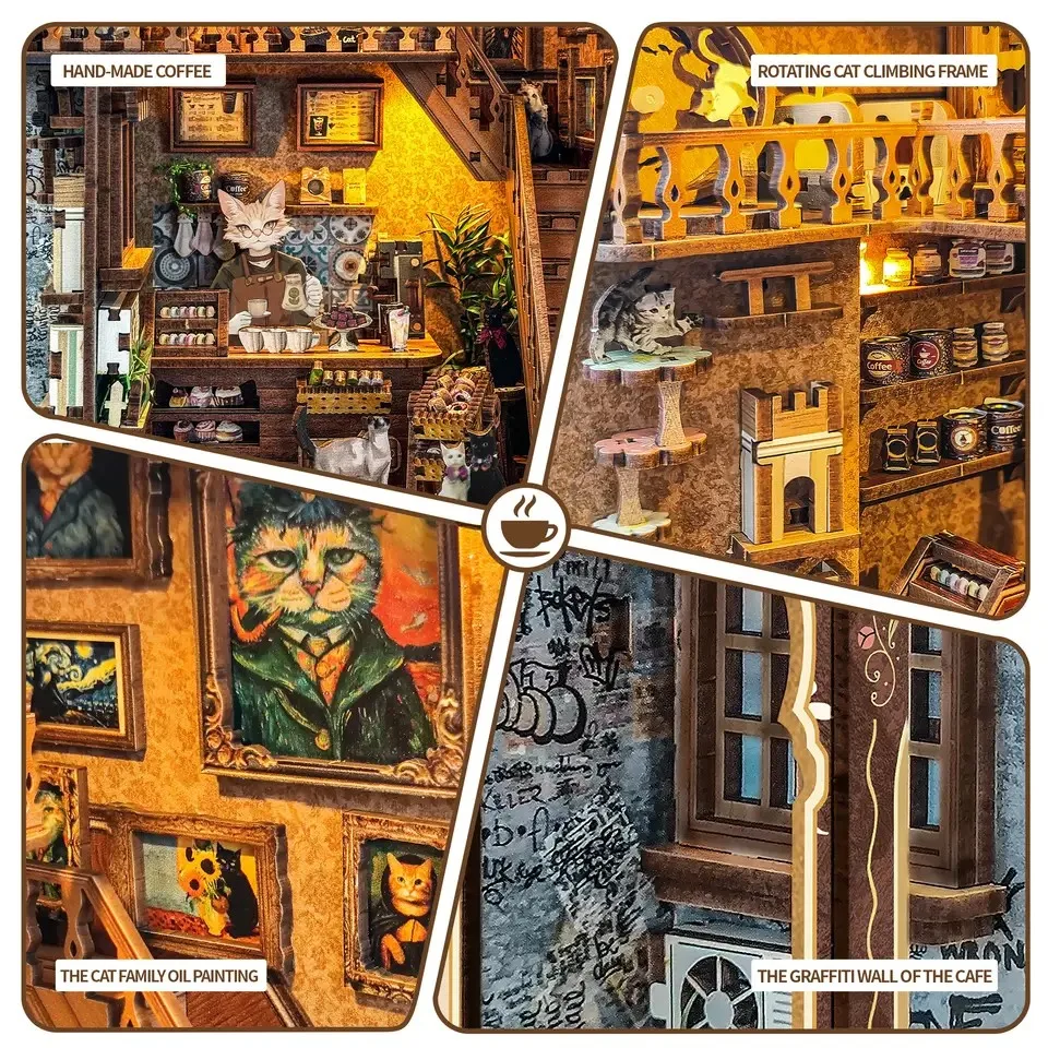 AMOBOX Caramel Dream Cottage Cat Book Nook Kit Miniature Wooden Dollhouse with Lights Bookshelf Insert 3D Puzzle Decor Model
