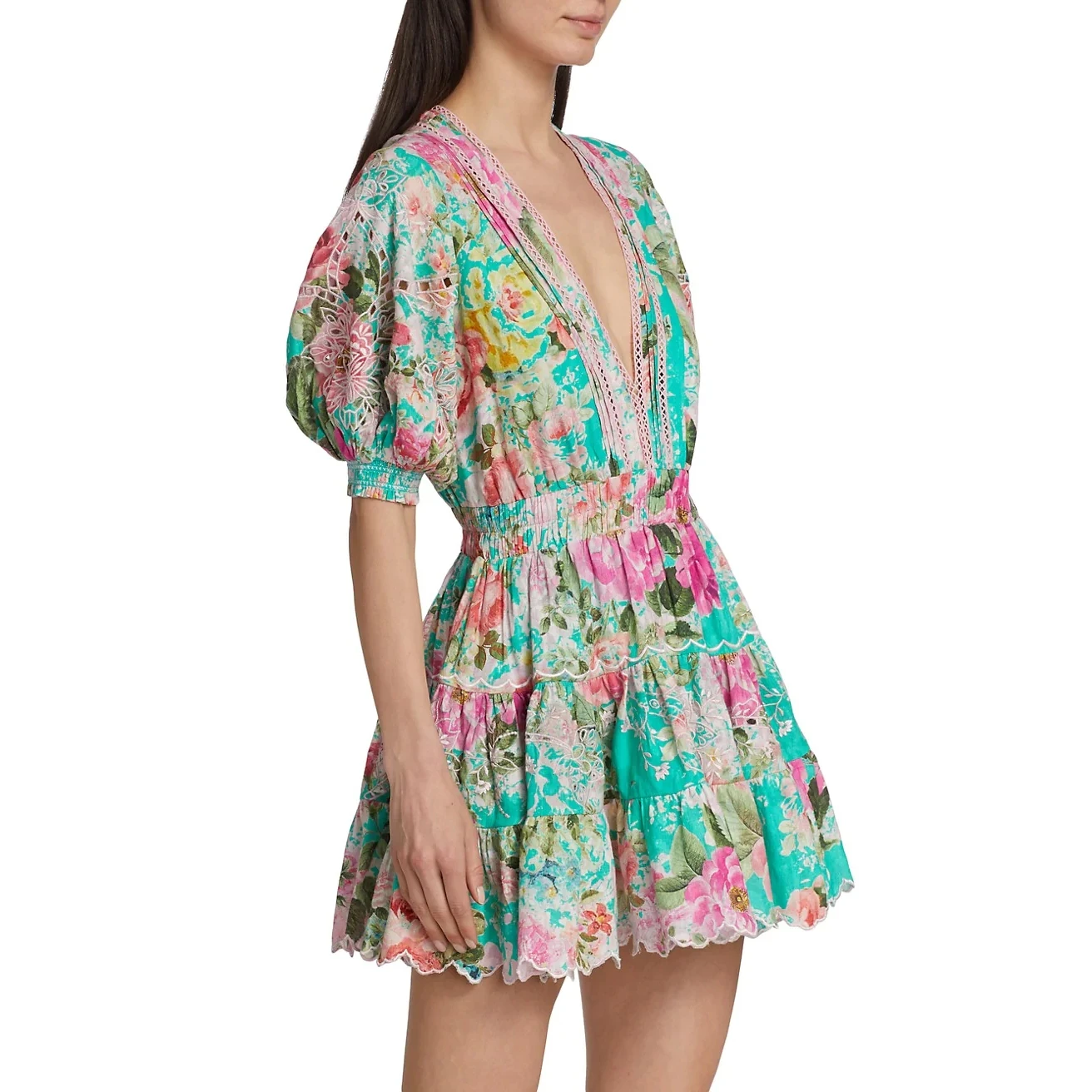 OEM Custom Summer Vintage Pink Chiffon Floral Print Mini Casual Dress Women Puff Sleeve Button Decoration XL Size Cotton Fabric