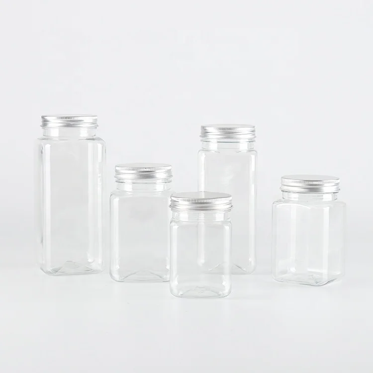 Wholesale bulk sales Different size plastic square plastic jar with aluminum lid for snacks