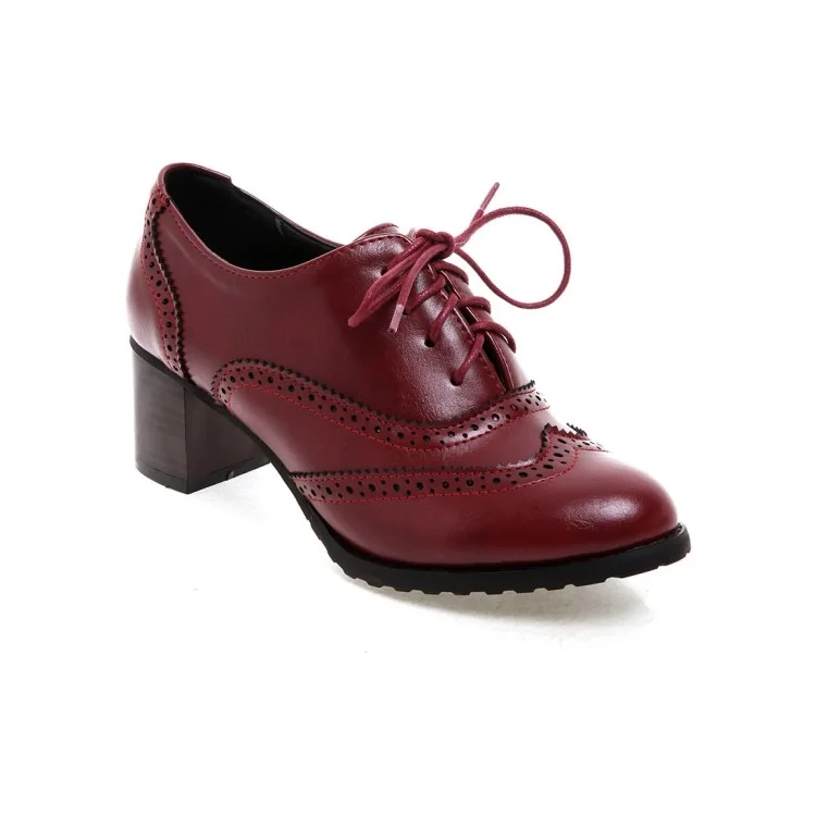 fashion chunky heels brogue shoe large size high heels round toe vintage deep cut women lace up office lady pump