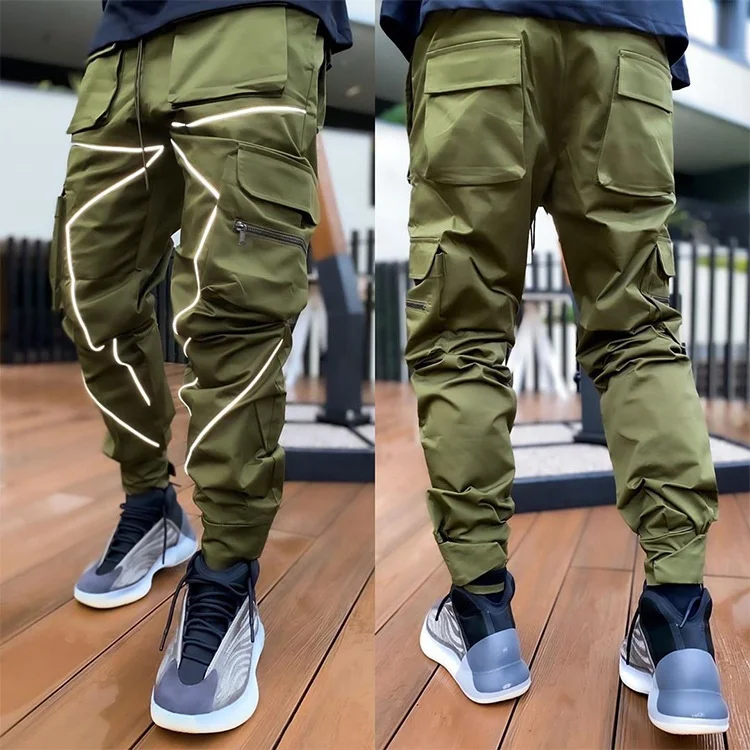 YD Custom logo hip pop plain jogger pants reflective trousers for men pants multi pocket men custom cargo pants