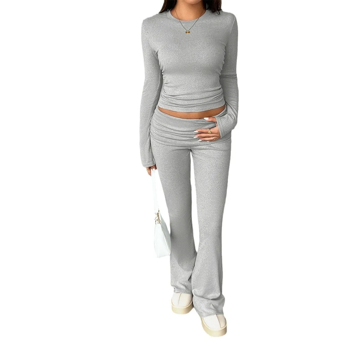 Womens two 2 Piece Lounge Sets Outfits Casual Long Sleeve Tops and Fold Over Flare Yoga Pants crop top and Pants Skims Set 2024