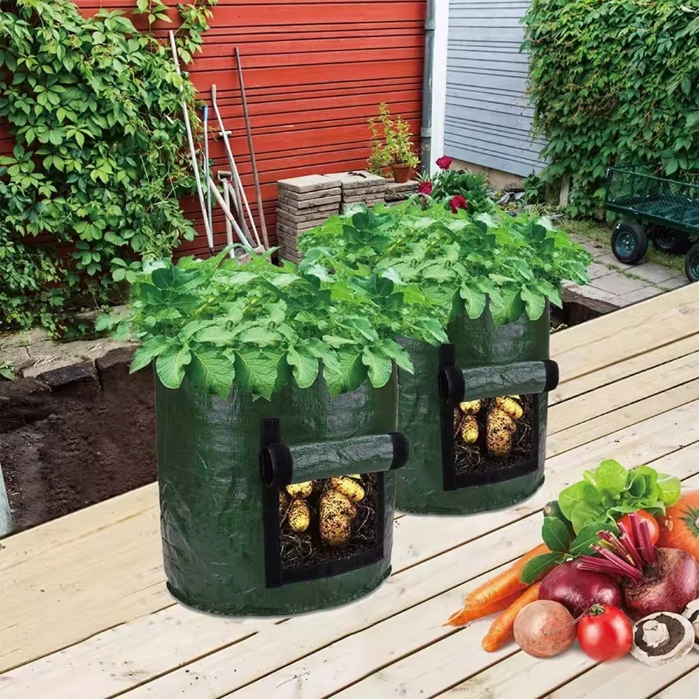 Potato Grow Bags 4 Pack 10 Gallon with Flap and Handles Planter Pots for Onion Fruits Tomato Carrot - Green