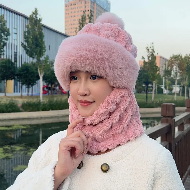 2 in 1 Knitted Hat Pompom Plush Ears Protection Pompom Beanie Winter Women Face Cover Neck Hat Gaiter Warmer Beanie Cap for Ski