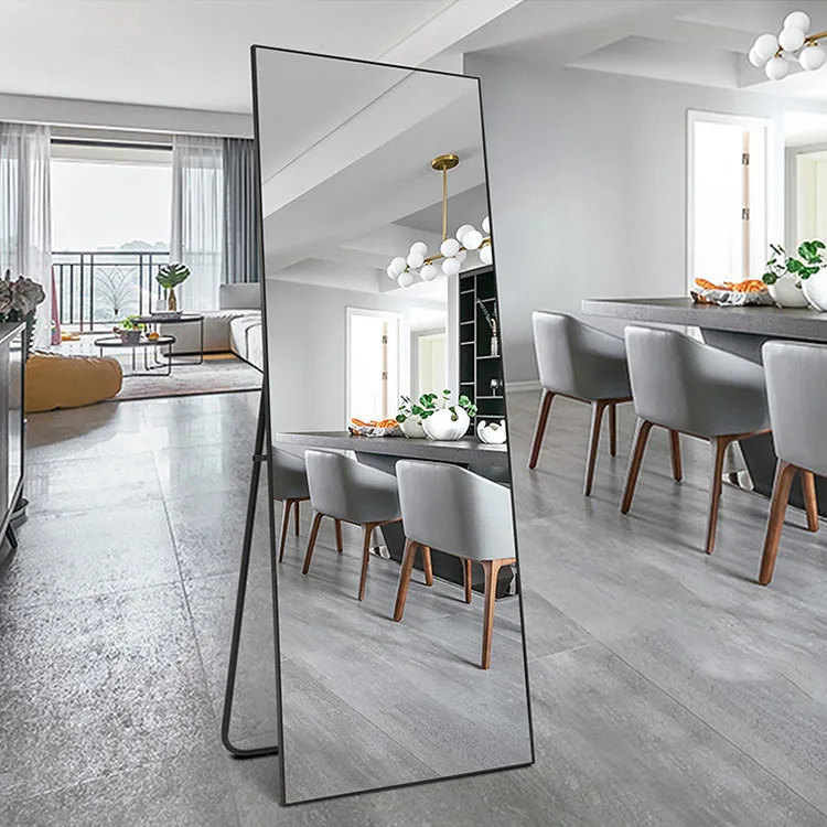 Light luxury Full length aluminum alloy frame household Long adjustable dressing mirror for house with stand